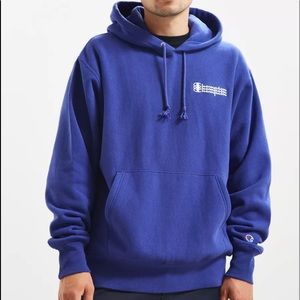 Champion UO Exclusive Blue Triple Script Reverse Weave Hoodie Sweatshirt Large
